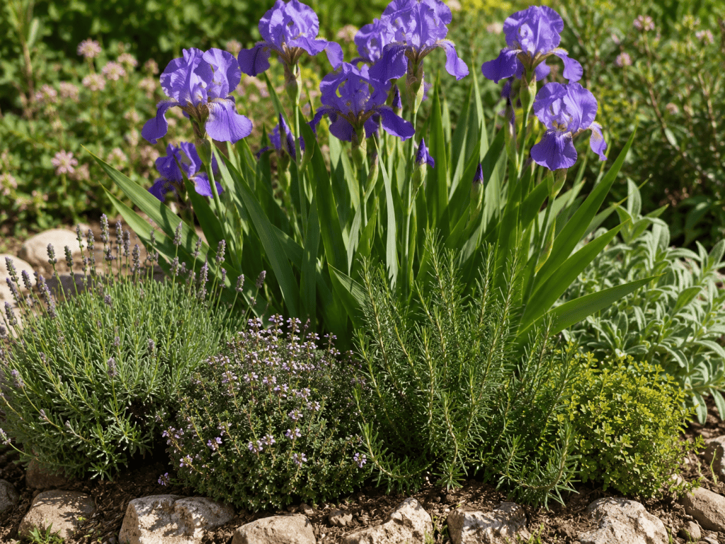 aromatiques méditerranéennes au pied d'un iris